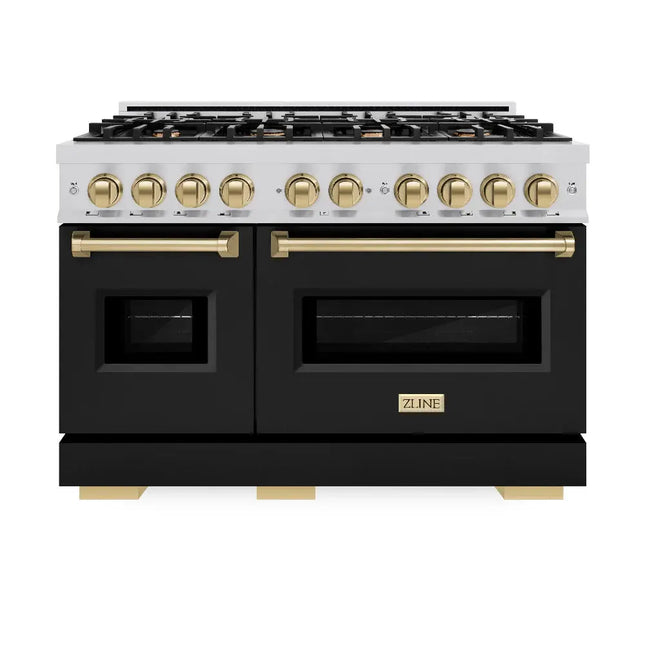 ZLINE Autograph Edition 48 in. 6.7 cu. ft. Classic Double Oven Dual Fuel Range with 8 Burner Gas Cooktop in Stainless Steel with Black Matte Doors and Champagne Bronze Accents (CDRZ-BLM-48-CB) Zline Appliances