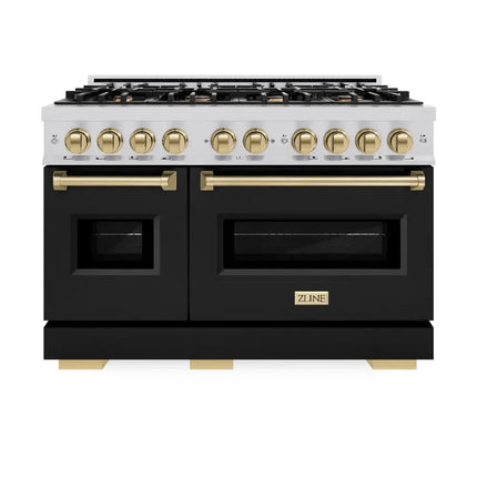 ZLINE Autograph Edition 48 in. 6.7 cu. ft. Classic Double Oven Gas Range with 8 Burner Cooktop in Stainless Steel with Black Matte Doors and Champagne Bronze Accents (CGRZ-BLM-48-CB) Zline Appliances