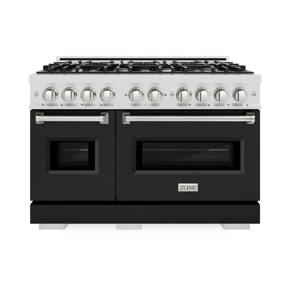 ZLINE 48 in. 6.7 cu. ft. Classic Double Oven Gas Range with 8 Burner Cooktop in Satin Stainless Steel with Black Matte Doors (CGRS-BLM-48)