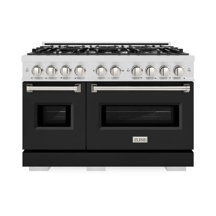 ZLINE 48 in. 6.7 cu. ft. Classic Double Oven Gas Range with 8 Burner Cooktop in Satin Stainless Steel with Black Matte Doors (CGRS-BLM-48) Zline Appliances