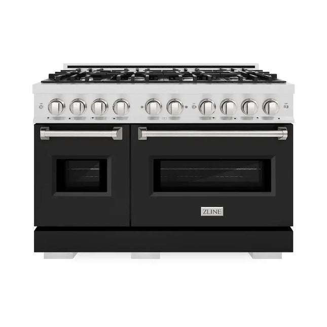 ZLINE 48 in. 6.7 cu. ft. Classic Double Oven Gas Range with 8 Burner Cooktop in Satin Stainless Steel with Black Matte Doors (CGRS-BLM-48) Zline Appliances