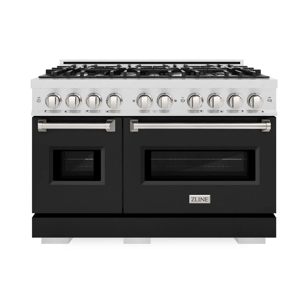 ZLINE 48 in. 6.7 cu. ft. Classic Double Oven Dual Fuel Range with 8 Burner Gas Cooktop in Satin Stainless Steel with Black Matte Doors (CDRS-BLM-48)