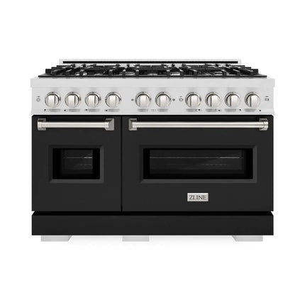 ZLINE 48 in. 6.7 cu. ft. Classic Double Oven Dual Fuel Range with 8 Burner Gas Cooktop in Satin Stainless Steel with Black Matte Doors (CDRS-BLM-48) Zline Appliances