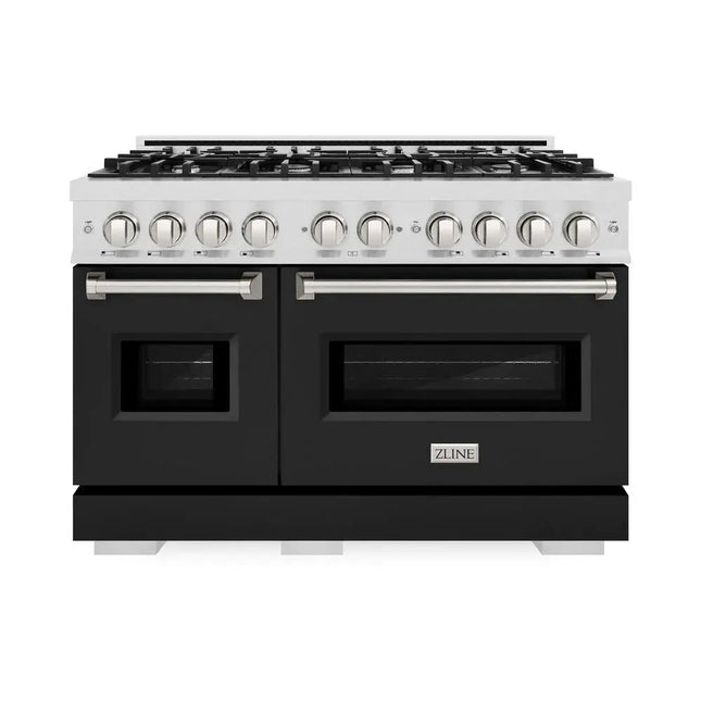 ZLINE 48 in. 6.7 cu. ft. Classic Double Oven Dual Fuel Range with 8 Burner Gas Cooktop in Satin Stainless Steel with Black Matte Doors (CDRS-BLM-48) Zline Appliances