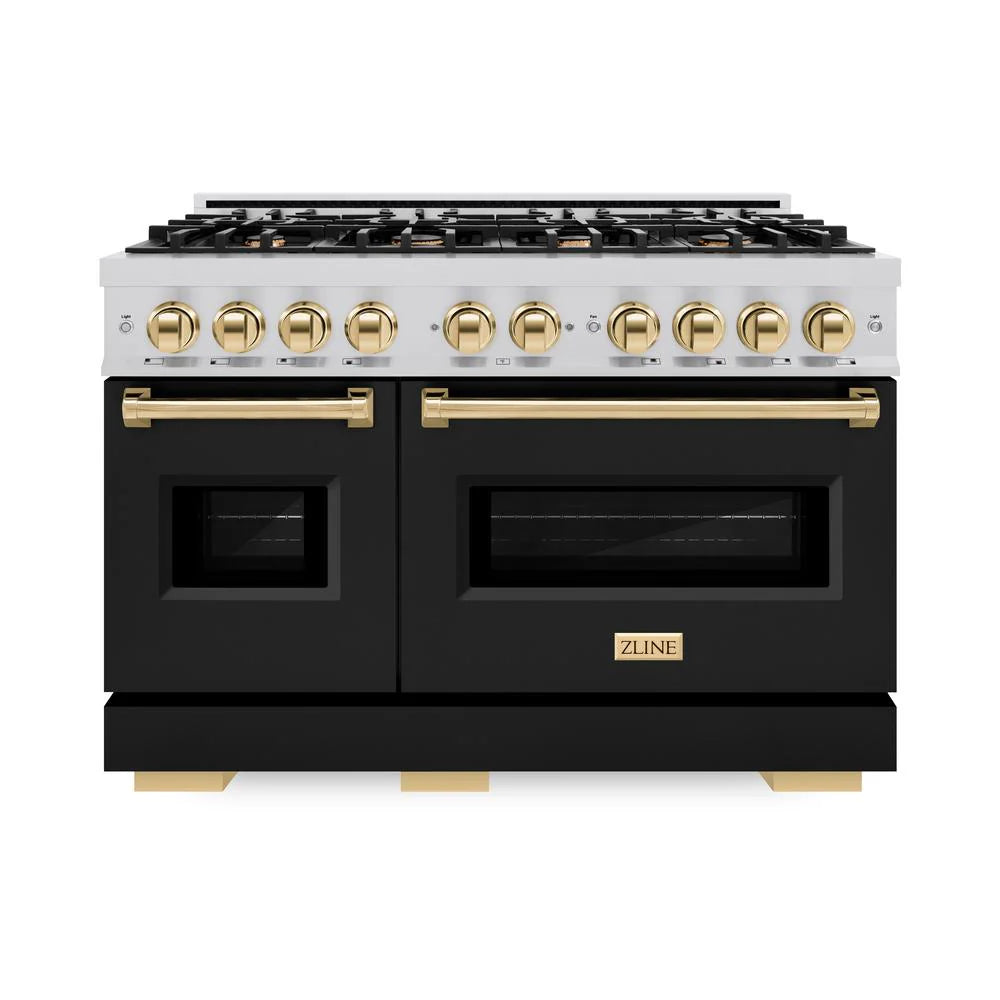 ZLINE Autograph Edition 48 in. 6.7 cu. ft. Classic Double Oven Gas Range with 8 Burner Cooktop in Stainless Steel with Black Matte Doors and Polished Gold Accents (CGRZ-BLM-48-G)