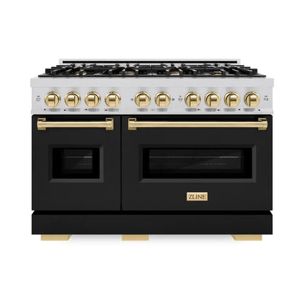 ZLINE Autograph Edition 48 in. 6.7 cu. ft. Classic Double Oven Gas Range with 8 Burner Cooktop in Stainless Steel with Black Matte Doors and Polished Gold Accents (CGRZ-BLM-48-G) Zline Appliances