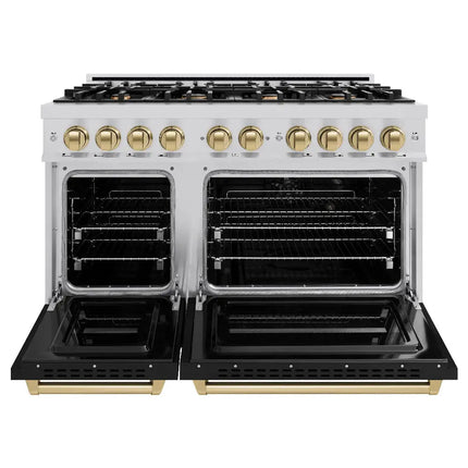 ZLINE Autograph Edition 48 in. 6.7 cu. ft. Classic Double Oven Dual Fuel Range with 8 Burner Gas Cooktop in Stainless Steel with Black Matte Doors and Champagne Bronze Accents (CDRZ-BLM-48-CB) Zline Appliances