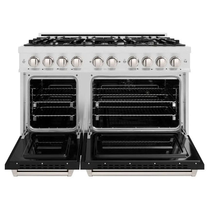 ZLINE 48 in. 6.7 cu. ft. Classic Double Oven Gas Range with 8 Burner Cooktop in Satin Stainless Steel with Black Matte Doors (CGRS-BLM-48) Zline Appliances
