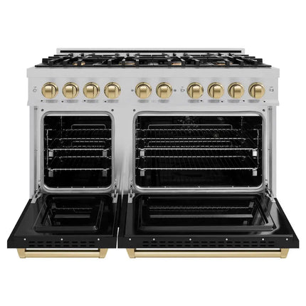 ZLINE Autograph Edition 48 in. 6.7 cu. ft. Classic Double Oven Gas Range with 8 Burner Cooktop in Satin Stainless Steel with Black Matte Doors and Champagne Bronze Accents (CGRSZ-BLM-48-CB) Zline Appliances