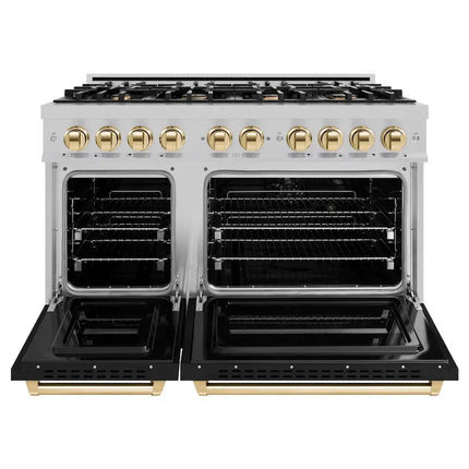 ZLINE Autograph Edition 48 in. 6.7 cu. ft. Classic Double Oven Gas Range with 8 Burner Cooktop in Satin Stainless Steel with Black Matte Doors and Polished Gold Accents (CGRSZ-BLM-48-G) Zline Appliances