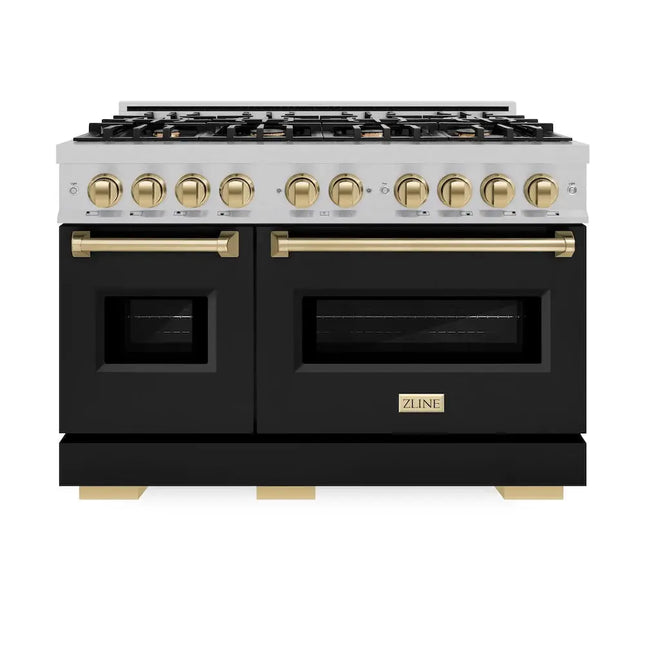 ZLINE Autograph Edition 48 in. 6.7 cu. ft. Classic Double Oven Dual Fuel Range with 8 Burner Gas Cooktop in Satin Stainless Steel with Black Matte Doors and Champagne Bronze Accents (CDRSZ-BLM-48-CB) Zline Appliances