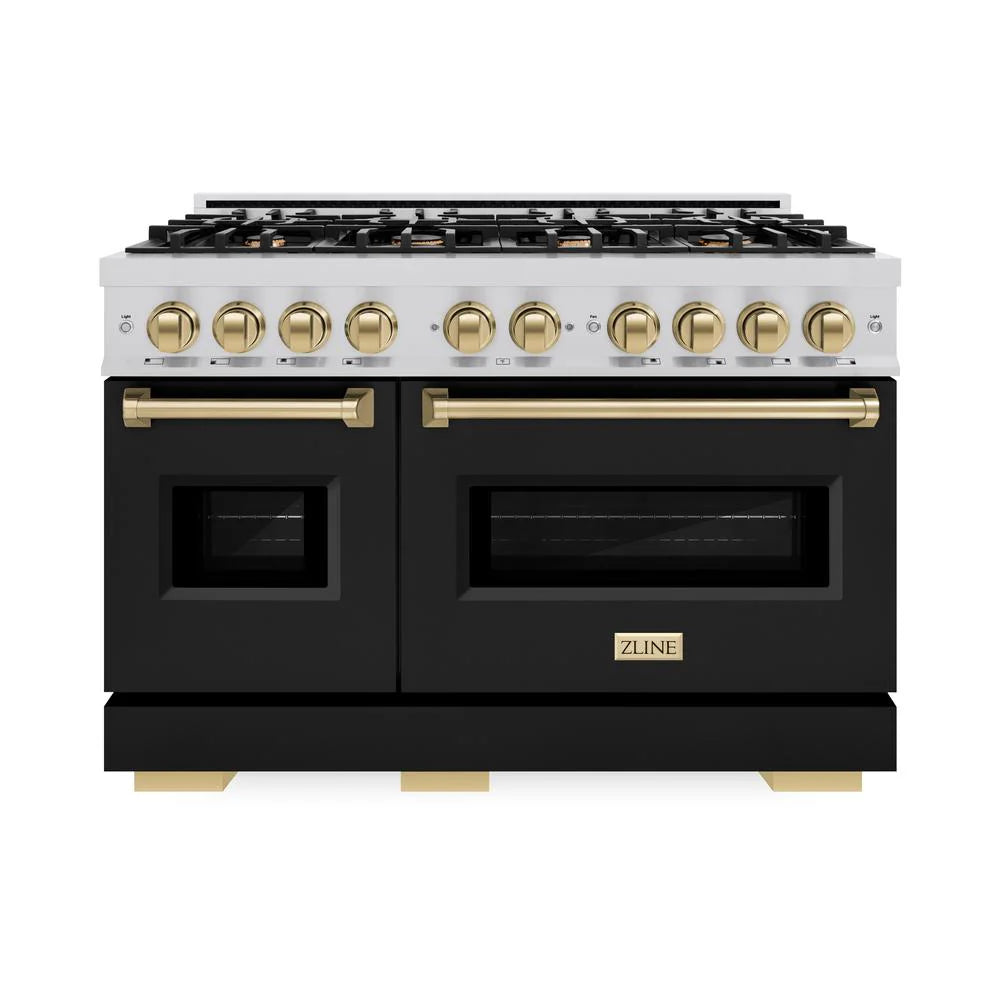 ZLINE Autograph Edition 48 in. 6.7 cu. ft. Classic Double Oven Gas Range with 8 Burner Cooktop in Stainless Steel with Black Matte Doors and Champagne Bronze Accents (CGRZ-BLM-48-CB)