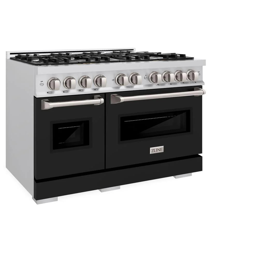 ZLINE 48 in. 6.7 cu. ft. Classic Double Oven Gas Range with 8 Burner Cooktop in Stainless Steel with Black Matte Doors (CGR-BLM-48)