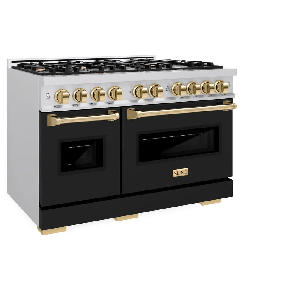ZLINE Autograph Edition 48 in. 6.7 cu. ft. Classic Double Oven Dual Fuel Range with 8 Burner Gas Cooktop in Stainless Steel with Black Matte Doors and Polished Gold Accents (CDRZ-BLM-48-G)