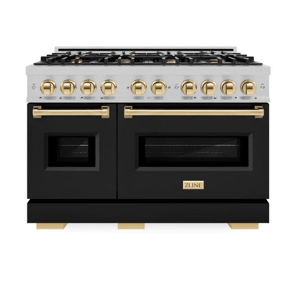 ZLINE Autograph Edition 48 in. 6.7 cu. ft. Classic Double Oven Dual Fuel Range with 8 Burner Gas Cooktop in Satin Stainless Steel with Black Matte Doors and Polished Gold Accents (CDRSZ-BLM-48-G) Zline Appliances