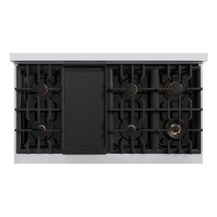 ZLINE Autograph Edition 48 in. 6.7 cu. ft. Classic Double Oven Dual Fuel Range with 8 Burner Gas Cooktop in Stainless Steel with Black Matte Doors and Champagne Bronze Accents (CDRZ-BLM-48-CB) Zline Appliances