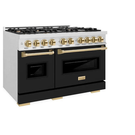 ZLINE Autograph Edition 48 in. 6.7 cu. ft. Classic Double Oven Dual Fuel Range with 8 Burner Gas Cooktop in Satin Stainless Steel with Black Matte Doors and Polished Gold Accents (CDRSZ-BLM-48-G) Zline Appliances