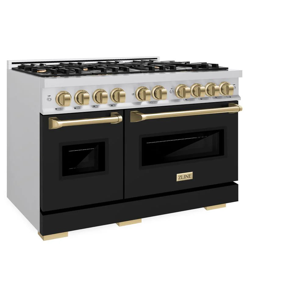 ZLINE Autograph Edition 48 in. 6.7 cu. ft. Classic Double Oven Gas Range with 8 Burner Cooktop in Stainless Steel with Black Matte Doors and Champagne Bronze Accents (CGRZ-BLM-48-CB)