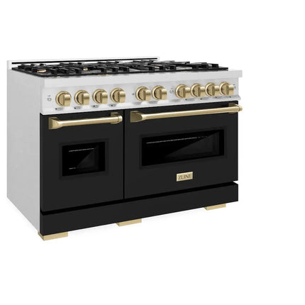 ZLINE Autograph Edition 48 in. 6.7 cu. ft. Classic Double Oven Dual Fuel Range with 8 Burner Gas Cooktop in Satin Stainless Steel with Black Matte Doors and Champagne Bronze Accents (CDRSZ-BLM-48-CB) Zline Appliances