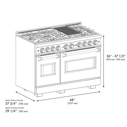 ZLINE 48 in. 6.7 cu. ft. Classic Double Oven Gas Range with 8 Burner Cooktop in Satin Stainless Steel with Black Matte Doors (CGRS-BLM-48) Zline Appliances