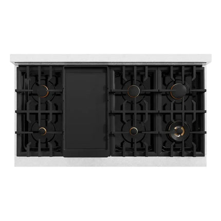 ZLINE Autograph Edition 48 in. 6.7 cu. ft. Classic Double Oven Dual Fuel Range with 8 Burner Gas Cooktop in Satin Stainless Steel with Black Matte Doors and Polished Gold Accents (CDRSZ-BLM-48-G) Zline Appliances