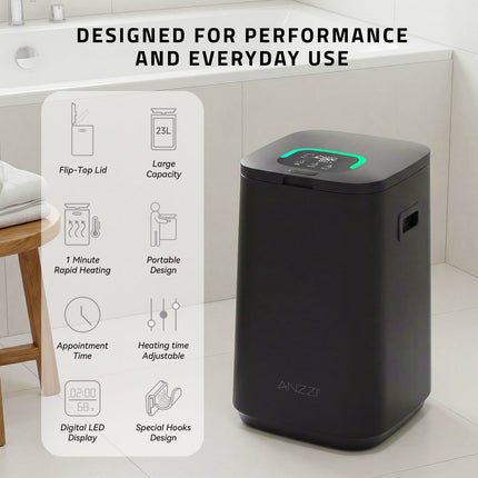 Anzzi 23L Luxury Bucket Towel Warmer, Large Capacity, LED Display, Adjustable Timer, Flip-Top Lid, Child Safe, Auto Shut-Off Plaza Home Decor