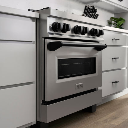 ZLINE Autograph Edition 30 in. 4.0 cu. ft. Legacy Dual Fuel Range with 4 Burner Gas Cooktop and Electric Convection Oven in Stainless Steel and Matte Black Accents (RAZ-30-MB)