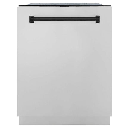 ZLINE Autograph Edition 30 in. Kitchen Package with Stainless Steel Dual Fuel Range, Range Hood, Dishwasher, and Refrigerator with External Water Dispenser with Matte Black Accents (4AKPR-RARHDWM30-MB)