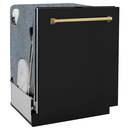 ZLINE Autograph Edition 24" Monument Series 3rd Rack Top Touch Control Tall Tub Dishwasher in Black Matte with Polished Gold Handle, 45dBa (DWMTZ-BLM-24-G)