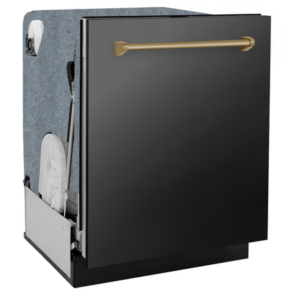 ZLINE Autograph Edition 24" Monument Series 3rd Rack Top Touch Control Tall Tub Dishwasher in Black Stainless Steel with Champagne Bronze Handle, 45dBa (DWMTZ-BS-24-CB)