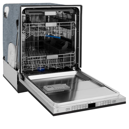ZLINE Autograph Edition 24" Monument Series 3rd Rack Top Touch Control Tall Tub Dishwasher in Black Stainless Steel with Polished Gold Handle, 45dBa (DWMTZ-BS-24-G)