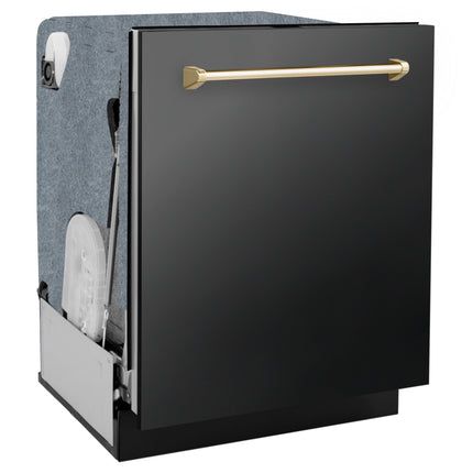 ZLINE Autograph Edition 24" Monument Series 3rd Rack Top Touch Control Tall Tub Dishwasher in Black Stainless Steel with Polished Gold Handle, 45dBa (DWMTZ-BS-24-G)