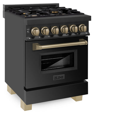 ZLINE Autograph Edition 24 in. 2.8 cu. ft. Legacy Dual Fuel Range with 4 Burner Gas Cooktop and Electric Convection Oven in Black Stainless Steel and Champagne Bronze Accents (RABZ-24-CB)