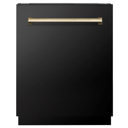 ZLINE Autograph Edition 24" Tallac Series 3rd Rack Top Control Built-In Tall Tub Dishwasher in Black Stainless Steel with Polished Gold Handle, 51dBa (DWVZ-BS-24-G)