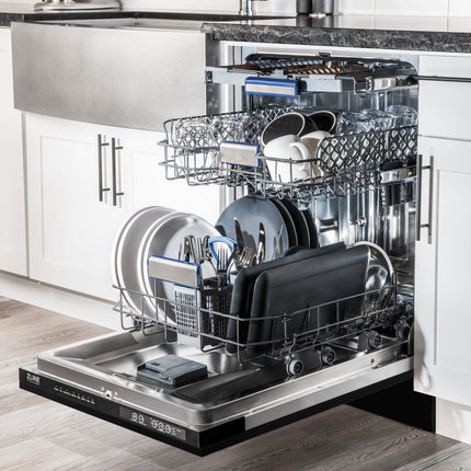 ZLINE Autograph Edition 24" Tallac Series 3rd Rack Top Control Built-In Tall Tub Dishwasher in Black Stainless Steel with Polished Gold Handle, 51dBa (DWVZ-BS-24-G)