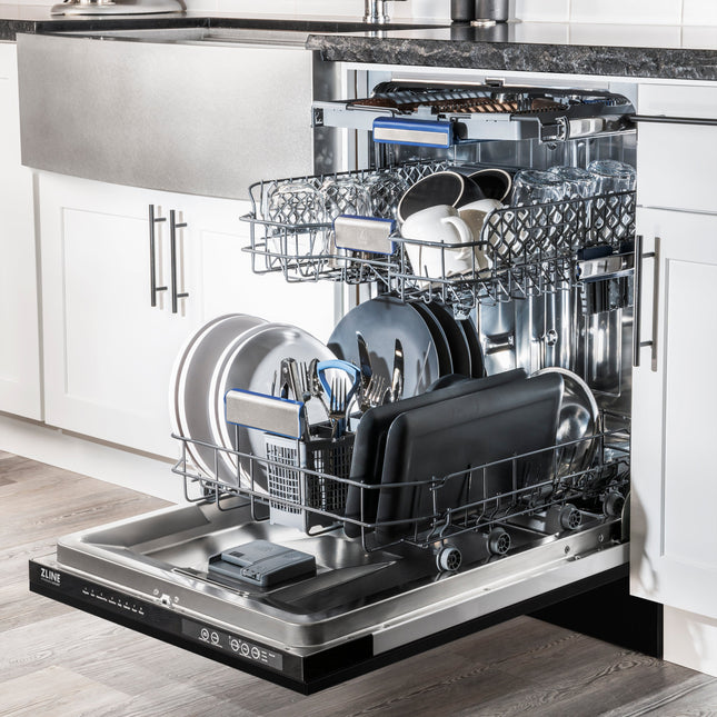 ZLINE Autograph Edition 24" Tallac Series 3rd Rack Top Control Built-In Tall Tub Dishwasher in Black Stainless Steel with Polished Gold Handle, 51dBa (DWVZ-BS-24-G)
