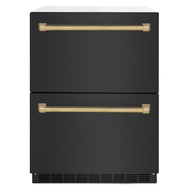 ZLINE Autograph Edition 24 in. Touchstone 168 Can Outdoor-Rated Dual Refrigerator Drawer with Black Stainless Steel Doors and Champagne Bronze Handles (RDSOZ-BS-24-CB)