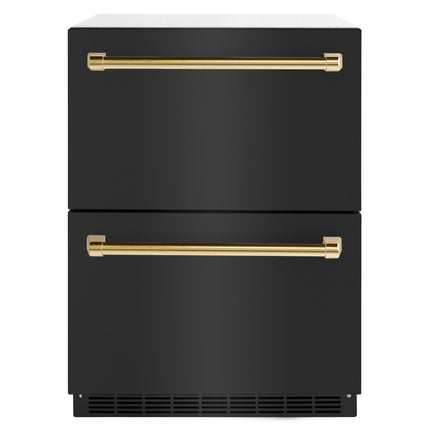 ZLINE Autograph Edition 24 in. Touchstone 168 Can Outdoor-Rated Dual Refrigerator Drawer with Black Stainless Steel Doors and Polished Gold Handles (RDSOZ-BS-24-G)