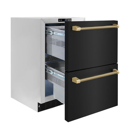 ZLINE Autograph Edition 24 in. Touchstone 168 Can Outdoor-Rated Dual Refrigerator Drawer with Black Stainless Steel Doors and Champagne Bronze Helix Handles (RDSOZ-BS-24-KCB)