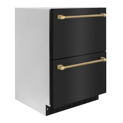 ZLINE Autograph Edition 24 in. Touchstone 168 Can Outdoor-Rated Dual Refrigerator Drawer with Black Stainless Steel Doors and Champagne Bronze Helix Handles (RDSOZ-BS-24-KCB)