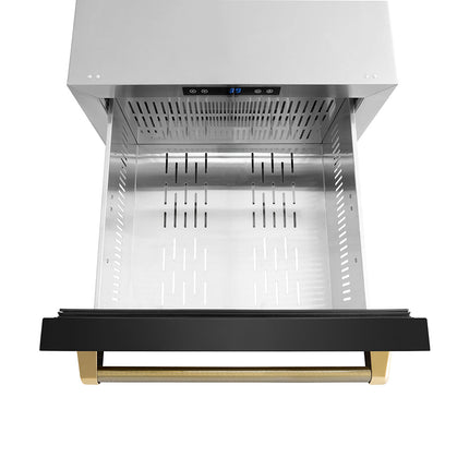 ZLINE Autograph Edition 24 in. Touchstone 168 Can Outdoor-Rated Dual Refrigerator Drawer with Black Stainless Steel Doors and Polished Gold Helix Handles (RDSOZ-BS-24-KG)