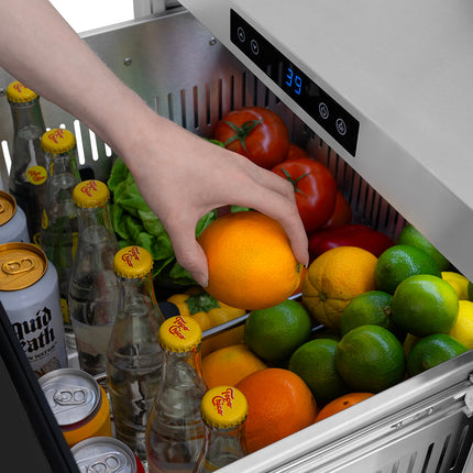 ZLINE Autograph Edition 24 in. Touchstone 168 Can Outdoor-Rated Dual Refrigerator Drawer with Black Stainless Steel Doors and Polished Gold Helix Handles (RDSOZ-BS-24-KG)