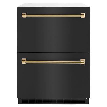 ZLINE Autograph Edition 24 in. Touchstone 168 Can Outdoor-Rated Dual Refrigerator Drawer with Black Stainless Steel Doors and Polished Gold Helix Handles (RDSOZ-BS-24-KG)
