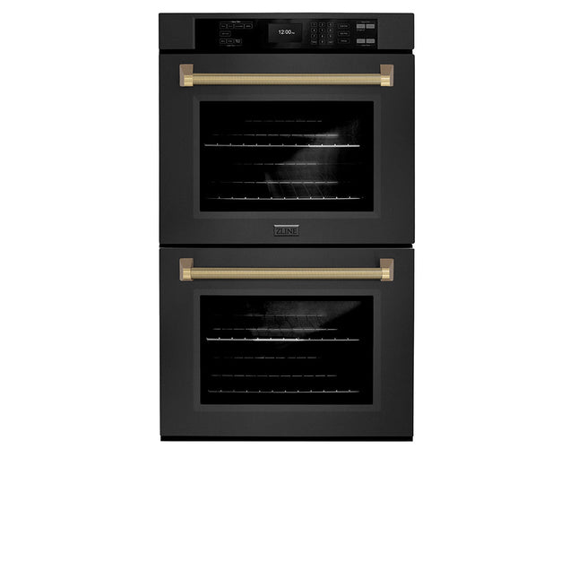 ZLINE Autograph Edition 30 in. Professional True Convection Double Wall Oven with Air Fry and Self Clean in Black Stainless Steel with Champagne Bronze Helix Handles (WADBZ-30-KCB)