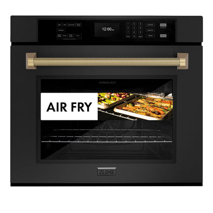 ZLINE Autograph Edition 30 in. Professional True Convection Single Wall Oven with Air Fry and Self Clean in Black Stainless Steel with Champagne Bronze Helix Handle (WASBZ-30-KCB)