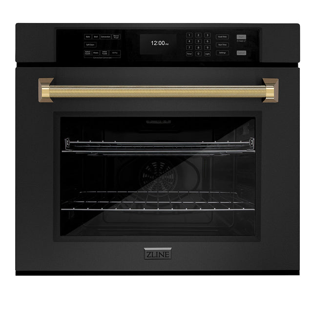 ZLINE Autograph Edition 30 in. Professional True Convection Single Wall Oven with Air Fry and Self Clean in Black Stainless Steel with Polished Gold Helix Handle (WASBZ-30-KG)