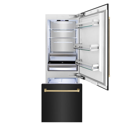 ZLINE Autograph Edition 30 in. 16.1 cu. ft. Built-In Bottom Freezer Refrigerator with Water Dispenser and Ice Maker in Black Stainless Steel with Champagne Bronze Accents (RBIVZ-BS-30-CB)