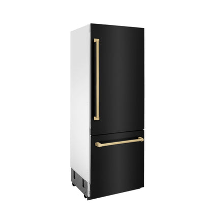 ZLINE Autograph Edition 30 in. 16.1 cu. ft. Built-In Bottom Freezer Refrigerator with Water Dispenser and Ice Maker in Black Stainless Steel with Champagne Bronze Accents (RBIVZ-BS-30-CB)