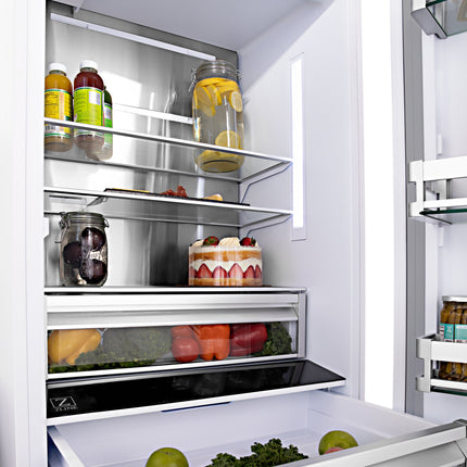 ZLINE Autograph Edition 36 in. 19.6 cu. ft. French Door Built-In Bottom Freezer Refrigerator with Water Dispenser and Ice Maker in Black Stainless Steel with Polished Gold Accents (RBIVZ-BS-36-G)