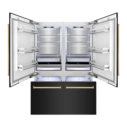ZLINE Autograph Edition 60 in. 32.2 cu. ft. French Door Built-In Bottom Freezer Refrigerator with Water Dispenser and Ice Maker in Black Stainless Steel with Polished Gold Accents (RBIVZ-BS-60-G)
